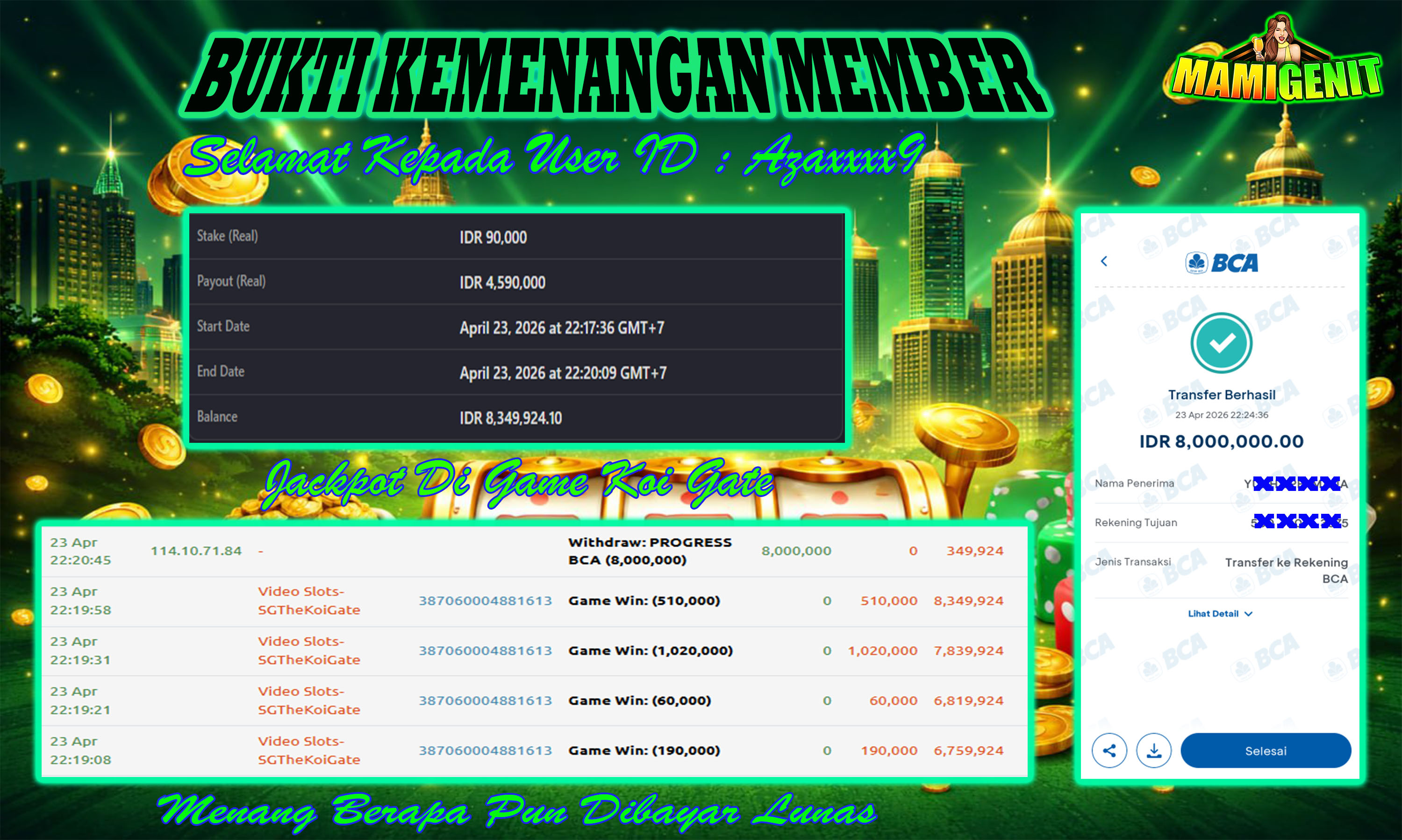MAMIGENIT - JACKPOT DI SEBESAR RP.8,000,000,- DI GAME KOI GATE